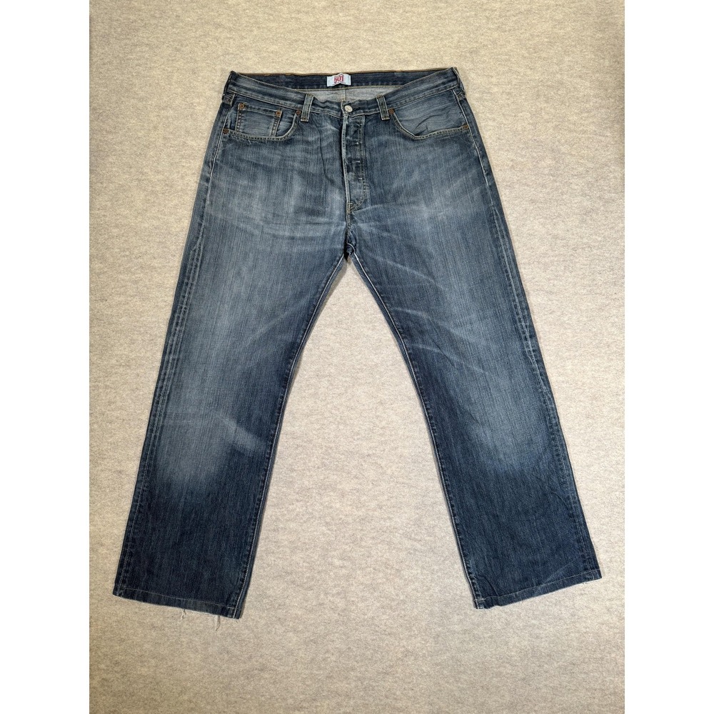 Levis 501 Jeans Mens 38x32 Medium Blue Denim Straight Leg Button Fly Distressed
